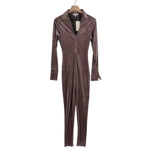 GSUWOO So Real Velvet Zip Front Jumpsuit V Neck Long Sleeve Form‎ Fitting Sexy